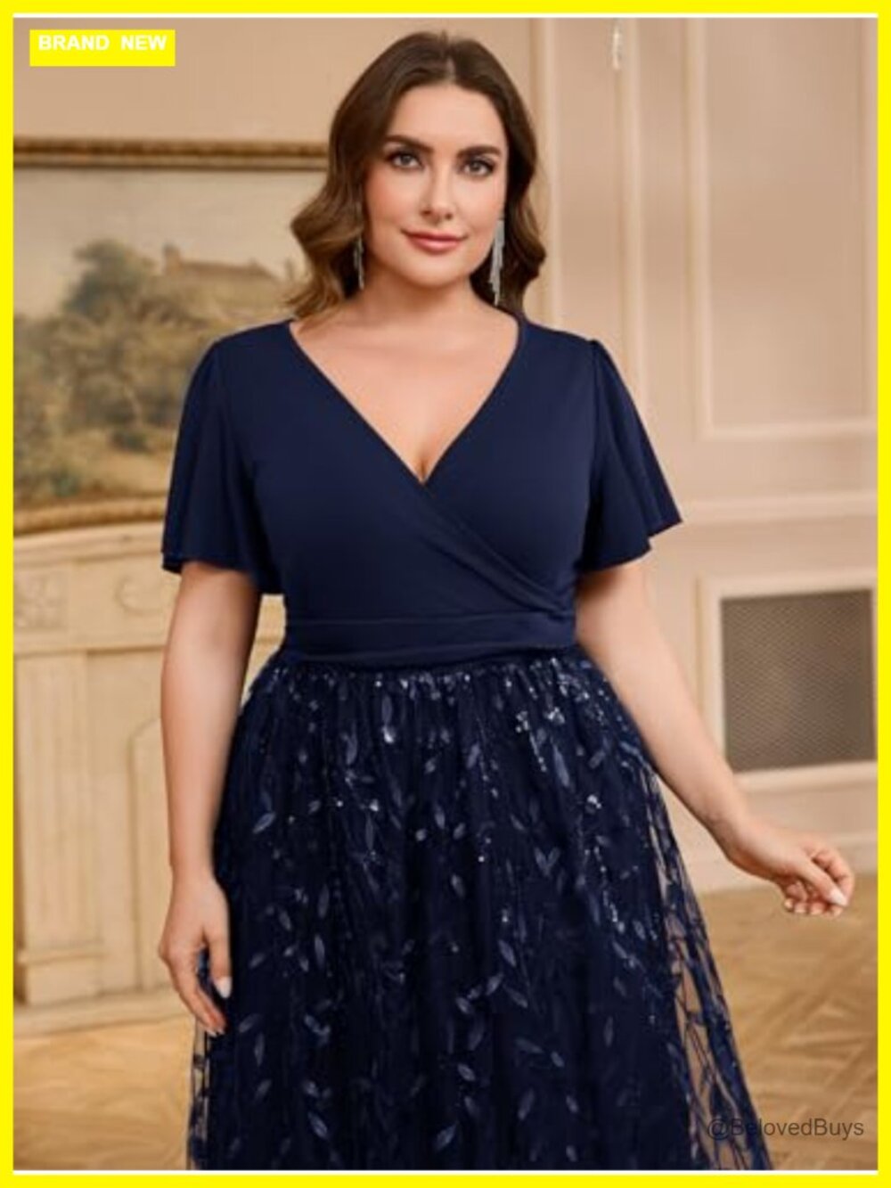 Plus Size Sequin Tulle Formal Maxi Dress V-Neck A-Line Ruffle Sleeve Prom - Picture 5 of 6